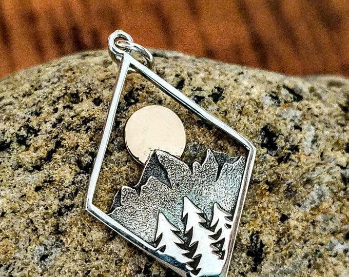 Sterling Silver Mountain Pendant with Moon and Pine Trees, Diamond shaped Mountain Pendant, Mountain Jewelry, Landscape Pendant