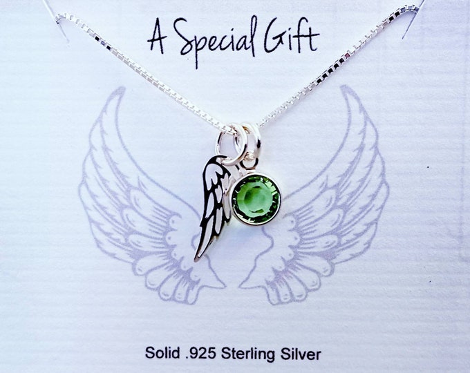 Sterling Silver Birthstone and Angel Wing Necklace, Sympathy Bereavement Gift, Memorial Jewelry, Charm Necklace, Birthstone Necklace, Womens