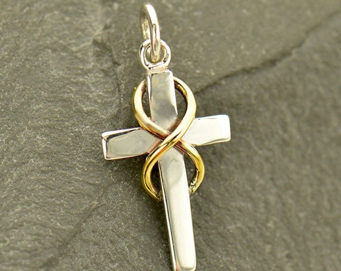 Tiny Cross with Gold Infinity Symbol Charm Pendant, Sterling Silver, Small Cross Charm, Mixed Metal, 1/2 inch