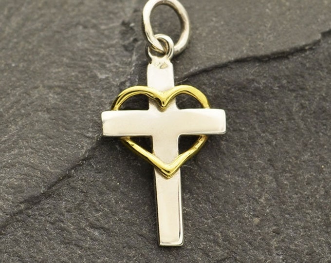 Cross Charm, Cross Pendant, 925, Sterling Silver, Gold Heart Cross Charm Pendant, Mixed Metal, Faith Charm, Sterling Silver TINY Pendant