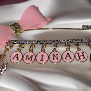 CRYSTAL 4 Quls STROLLER PIN™ w/ Personalized Name, Crystal Allah & 4 Quls Charms, Hand Crafted 18k Gold Plated, Brooche, Baby Shower Gift