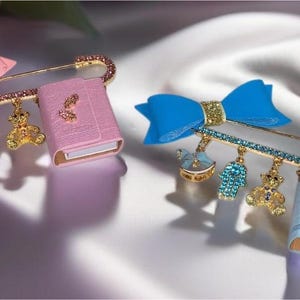 CRYSTAL TEHILIM STROLLER Pin™ w/ Crystal Horse, Hamsa & Teddy Bear Charms, Hand Crafted 18k Gold Plated, Best Bris and Baby Shower Gift