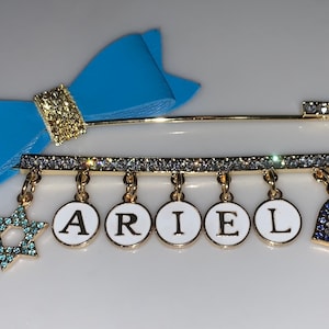CRYSTAL STROLLER PIN™ w/ Personalized Name, Magen David & Evil Eye Charms, Hand Crafted 18k Gold Plated Brooche, Best Bris, Baby Shower Gift
