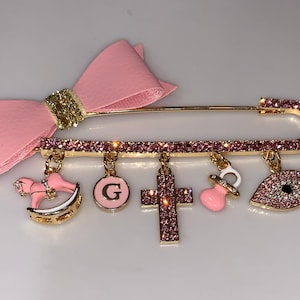 CRYSTAL CROSS STROLLER Pin™ w/ Personalized Letter,Rocking Horse, Paci & Evil Eye Charms, 18k Gold Plated, Best Christening, Baptism  Gift