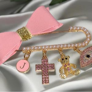 CRYSTAL CROSS STROLLER Pin™ w/ Personalized Letter, Teddy Bear & Evil Eye Charms, 18k Gold Plated, Best Christening Gift, Baby Keepsake