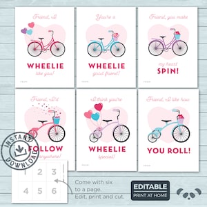 Cartes de Saint-Valentin pour enfants | Vélo Vélo Tricycle Ballon Coeurs Saint Valentin | Cartes de visite à vélo pour la Saint-Valentin | Téléchargement instantané modifiable