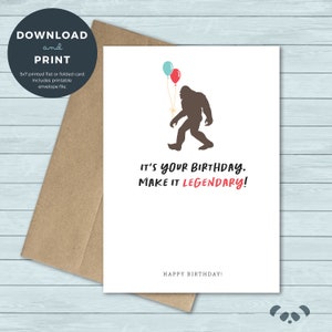 Druckbare Geburtstagskarte | Bigfoot, Yeti, Sasquatch, Ballon Legendäre Geburtstagskarte | Geburtstagskarte | Digitaler Download