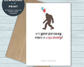 carte d’anniversaire imprimable | Bigfoot, Yeti, Sasquatch, Balloon Legendary Birthday Card | | de carte d’anniversaire Téléchargement numérique
