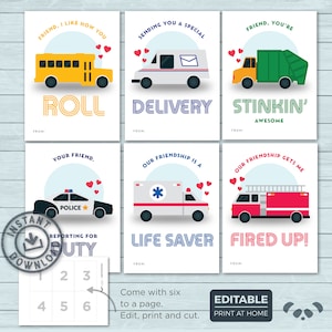Cartoline di San Valentino per bambini / San Valentino addetto al servizio veicoli / Camion dei vigili del fuoco della polizia, posta dei rifiuti, autobus, ambulanza, aula / Download istantaneo modificabile