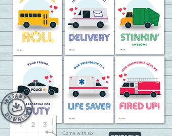 Kids Valentine cards | Vehicle Service Worker Valentines | Police Fire Truck Garbage Mail Bus Ambulance Classroom| Editable Instant Download