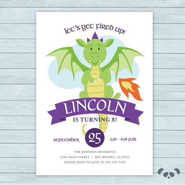 Dragon Dinosaur Fire Wings Birthday Invitation  |  Dragon Birthday Invitation  |  Flying Dragon Wings Invite