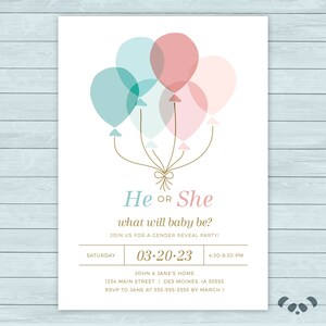 Palloncini rosa blu Genere rivelare invito / Baby Shower Boy Girl Invito / Baby Shower