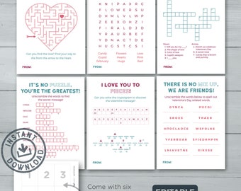 Kids Valentine cards | Puzzle Valentines  |  Maze, Crossword, Word Scramble, Cryptogram, Word Search | Editable Instant Download