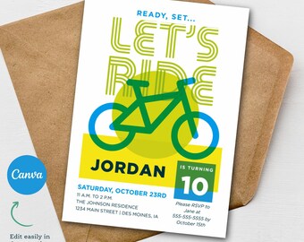 Bicycle Birthday Party Invitation  |  Let's Ride Bike Birthday Invite | Editable Printable Canva Template