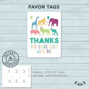 Printable Party Animals Birthday Party Pack Instant Download Thank You Card, Favor Tags, Banner, Water Labels, Cupcake Toppers image 3