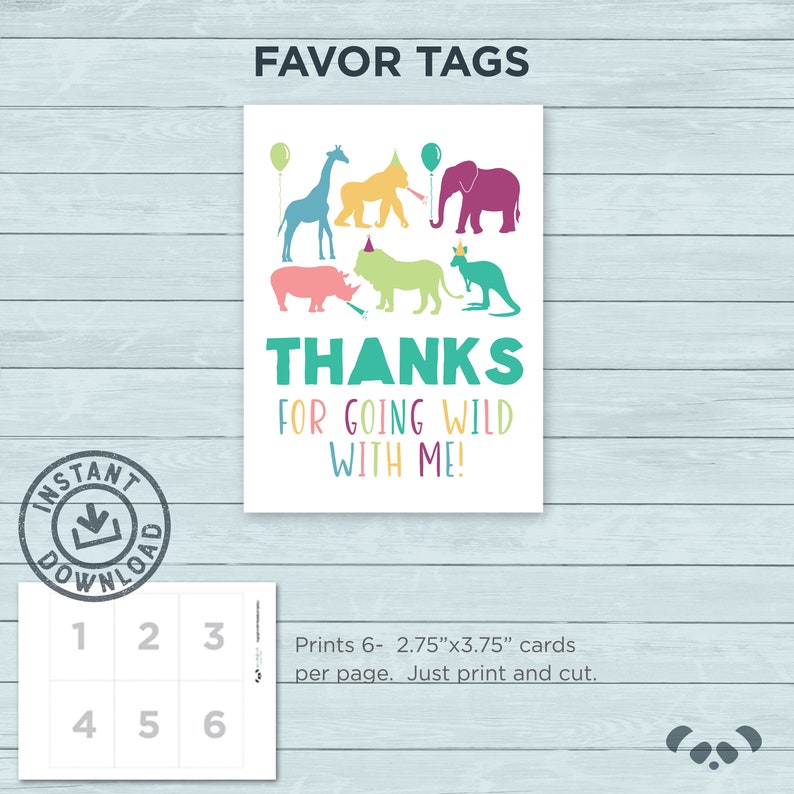 Printable Party Animals Birthday Party Pack Instant Download Thank You Card, Favor Tags, Banner, Water Labels, Cupcake Toppers image 3