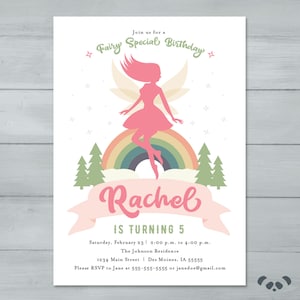 May include: A pink fairy silhouette with wings, standing on a rainbow over a cloud with green trees. The text "Rachel is turning 5" is on a pink banner. The invitation is for a birthday party on February 23rd from 2:00 p.m. to 4:00 p.m. at the Johnson Residence, 1234 Main Street, Des Moines, IA 55555. RSVP to Jane at 555-555-5555 or janedoe@gmail.com.