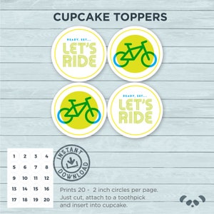 Toppers de cupcake para impressão de bicicleta | Download instantâneo Vamos andar de bicicleta Cupcake Toppers