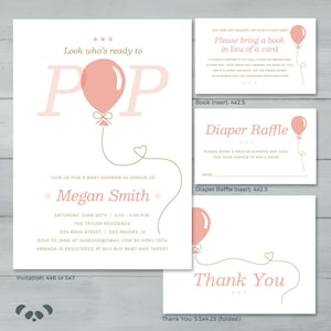 Look Who&#39;s Ready To Pop Baby Shower Invitation Suite  |  Ready to Pop Balloon Baby Shower Invite  |  Blush, Mint, Gold Baby Shower Invite