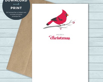Printable Christmas Card | Cardinal Bird Branch Christmas Greeting Card | Digital Download
