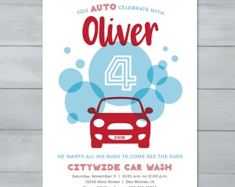 Car Wash Birthday Invitation  |  Car Bubbles Auto Celebrate Invitation  |  Car Wash Invite