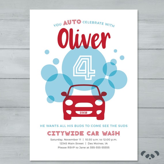 Car Wash Birthday Invitation Car Bubbles Auto Celebrate Etsy