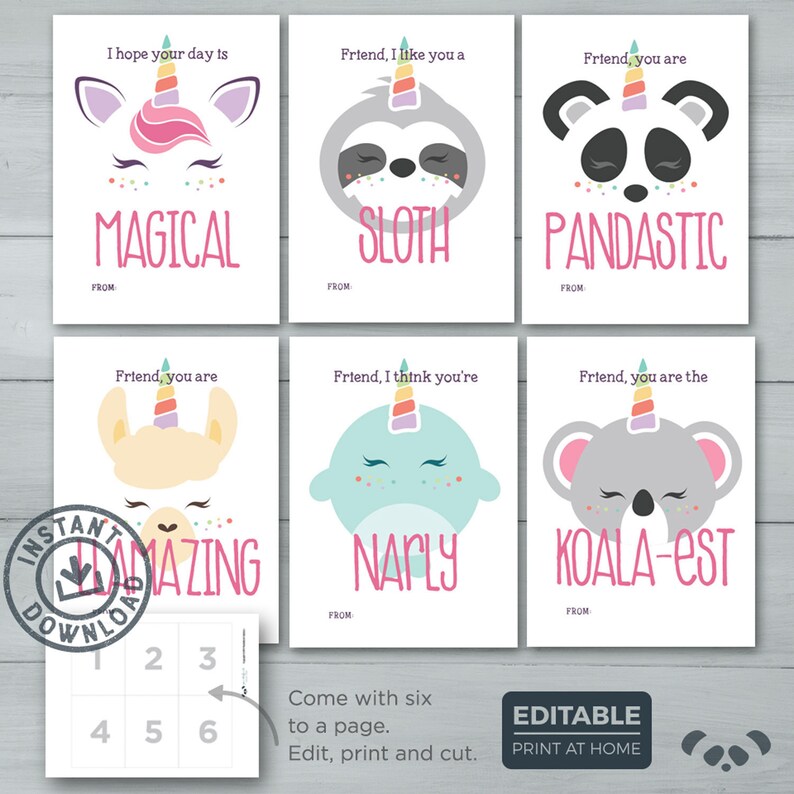 Kids Valentine cards | Unicorn Panda Sloth Llama Narwhal Koala Valentines | Animal Unicorn Classroom Valentines | Editable Instant Download 