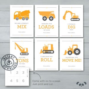 Kids Valentine Cards | Construction Valentines  |  Digger, Dump Truck, Excavator, Crane, Plow, Cement Mixer | Editable Instant Download