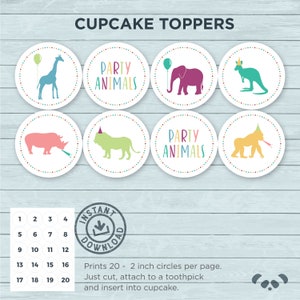 Party Tiere druckbare Cupcake Topper|  Sofortiger Download Party Animals Cupcake Toppers