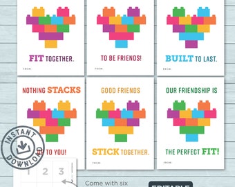 Kids Valentine cards | Building Blocks Bricks Valentines | Stackable Blocks Classroom Cards Valentines | Editable Instant Download