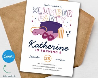 Pajama Party Invitation  |  Sleepover Birthday Invitation  |  Slumber Party Invitation | Editable Canva Template
