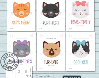 Kids Valentine Cards | Cats Kitty Kitten Meow Valentines  |  Cat Classroom Cards Valentines  |  Editable Instant Download