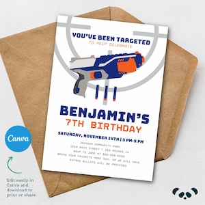May include: A white invitation card with a blue and orange toy gun graphic, and the text "YOU'VE BEEN TARGETED TO HELP CELEBRATE". The card announces Benjamin's 7th birthday party, with date, time, and location details. The card is inside a brown envelope.