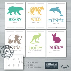 Kinder Valentinskarten | Tiere Valentines | Eisbär, Tiger, Delfin, Panda, Känguru, Häschen, Kaninchen | Bearbeitbar Sofort Download
