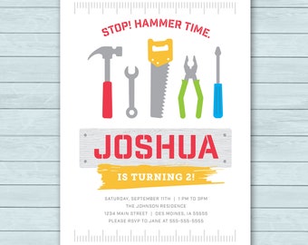 Tools Construction Build Birthday Party Invitation |  Hammer Saw Screwdriver Wrench Invite  |  Tools Birthday Party Invitation