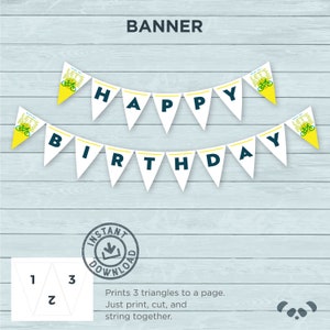 May include: A printable banner with white triangle flags that say "Happy Birthday" in blue letters with yellow accents. The flags have a small graphic of a bicycle with the text "Let's Ride" on them. The banner is on a light blue wood background. The text "Instant Download" is in a circle with a download arrow.