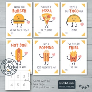 Kids Valentine cards | Fast Food Valentines | Pizza, Taco, Hot Dog, French Fries, Hamburger, Popcorn Valentines | Editable Instant Download