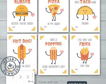 Kids Valentine cards | Fast Food Valentines | Pizza, Taco, Hot Dog, French Fries, Hamburger, Popcorn Valentines | Editable Instant Download