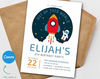 Rocket Birthday Party Invitation  |  Spaceship Invitation  |  Space Rocket Outer Space Astronaut Invite | Editable Printable Canva Template