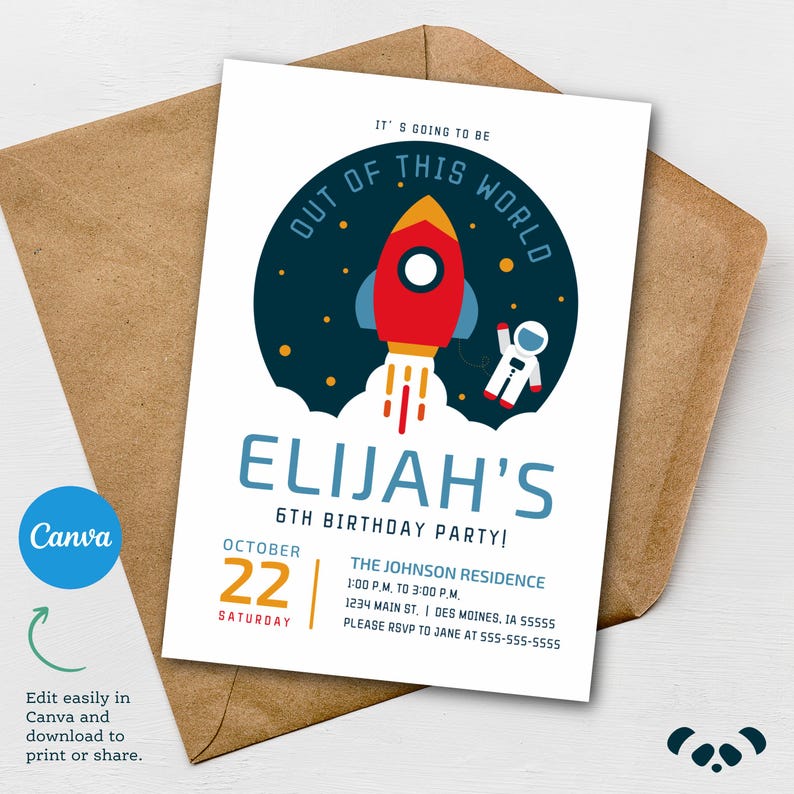 May include: A birthday party invitation with a space theme. The invitation features a red rocket ship blasting off into space, with the text "Out of this World" and "Elijah's 6th Birthday Party!" The date is October 22.