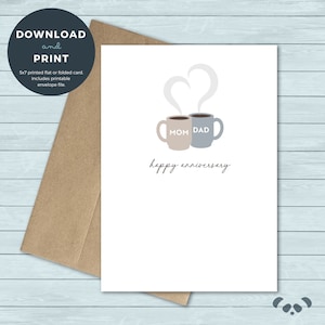Carte d’anniversaire d’amour imprimable, anniversaire des parents | Maman Papa Coffee Mugs Happy Anniversary Card | Téléchargement numérique