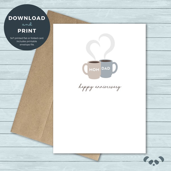 Printable Love Anniversary Card, Parent's Anniversary | Mom Dad Coffee Mugs Happy Anniversary Card | Digital Download
