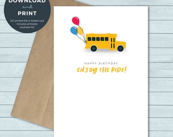 Druckbare Geburtstagskarte | Bus, Schulbus, Partybus, Ballons Geburtstagskarte | Geburtstagskarte | Digitaler Download