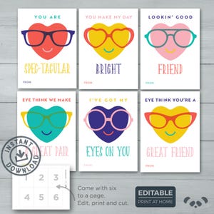 Tarjetas de San Valentín para niños / Gafas de sol para San Valentín / Gafas para San Valentín para el aula / Descarga instantánea editable