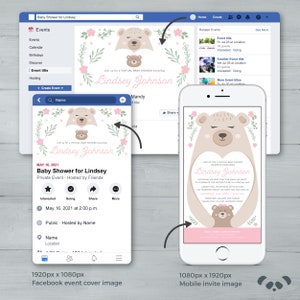 May include: A pink and green floral Facebook event cover image with a cartoon bear and the text "Baby Shower for Lindsey" and "Lindsey Johnson". The image also includes a mobile invite image with a similar design.