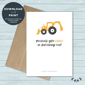 Afdrukbare verjaardagskaart | Graafmachine, graafmachine, bouwvoertuig verjaardagskaart | Verjaardagskaart | Digitale download
