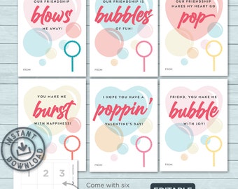 Kids Valentine cards | Bubbles Bubble Wand Valentines | Blow Me Away Bubble Classroom Cards Valentines | Editable Instant Download