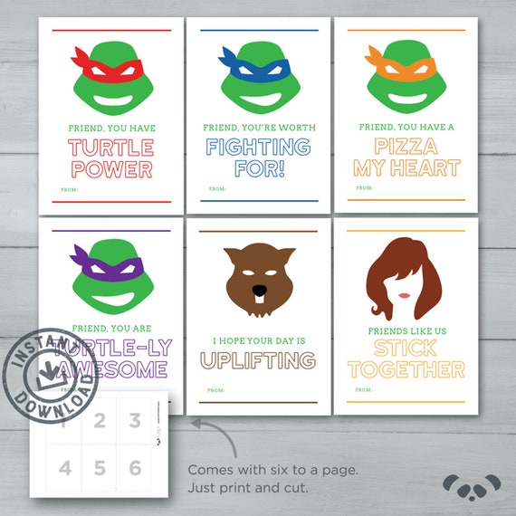 Kids Valentine Cards Teenage Mutant Ninja Turtles Valentines Tmnt Leonardo Raphael Donatello Michaelangelo Instant Download - 