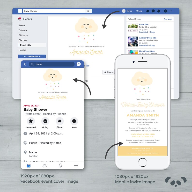 Rain Cloud Shower Sprinkle Pink Blue Yellow Virtual Baby Shower Invitation and Facebook Event Cover Image Social Distance Baby Shower image 7