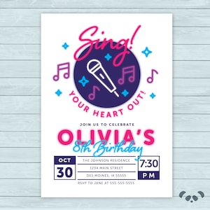 Sing Karaoke Birthday Party Invitation |  Musique Chantant Birtnday Invitez |  | d’invitation d’anniversaire de microphone  Invitation à une soirée karaoké